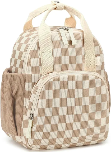 Brown checkered toddler backpack — selected front view