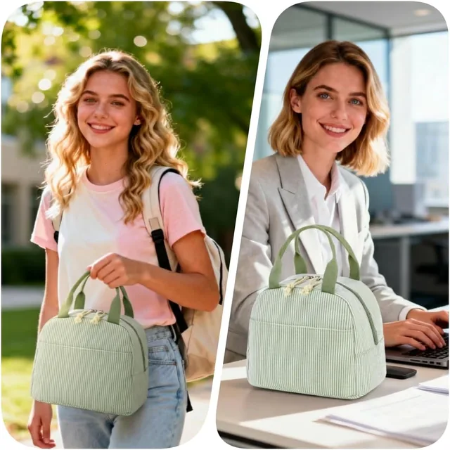 Sage stripe insulated lunch bag — product view 2