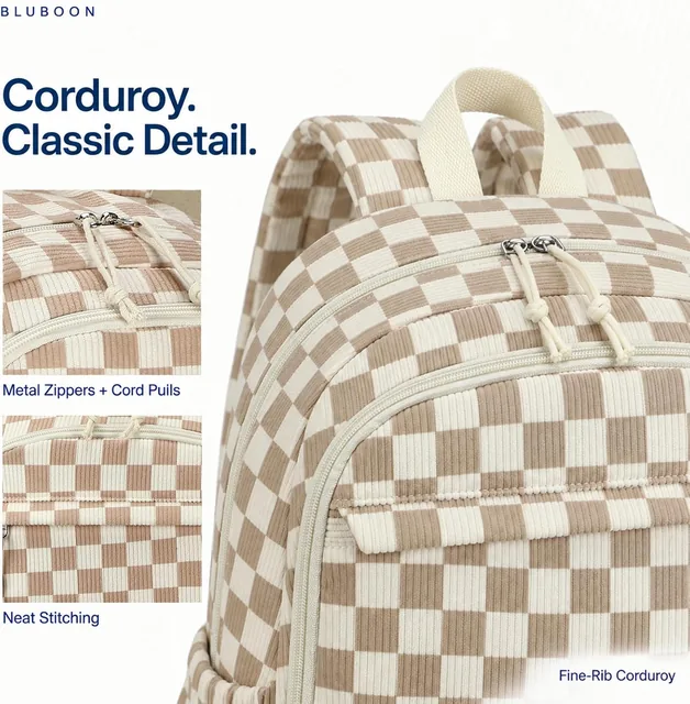 Brown checkered corduroy backpack — product view 5