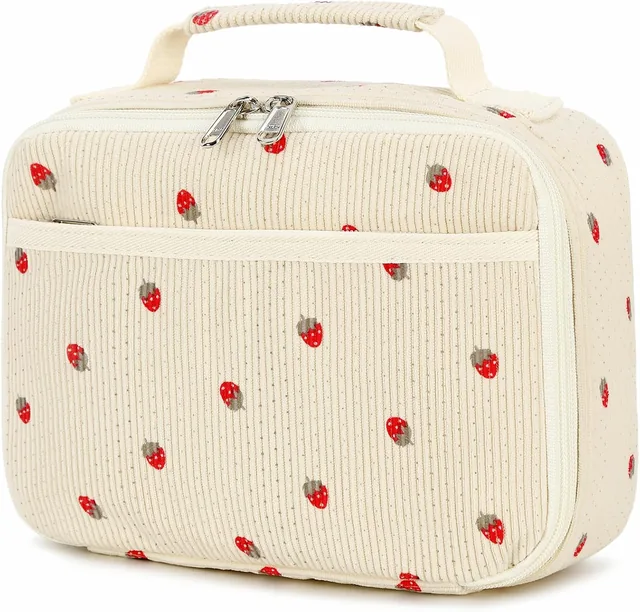 Strawberry corduroy lunch bag — selected front view