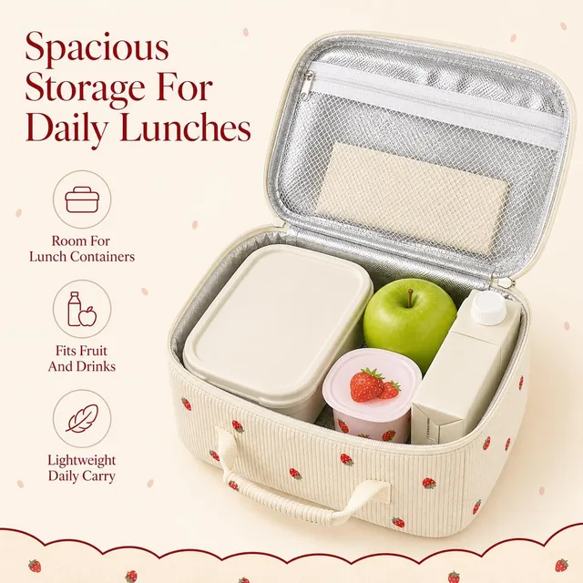 Strawberry corduroy lunch bag — product view 2