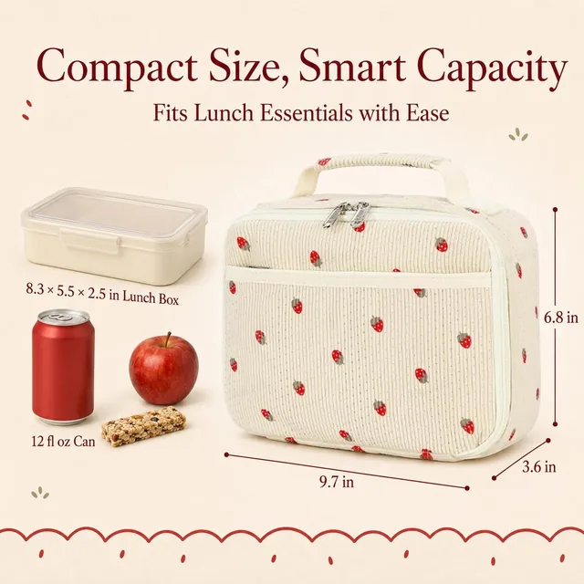 Strawberry corduroy lunch bag — product view 3