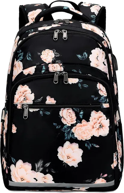 Peony floral laptop backpack — selected front view