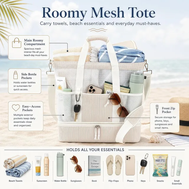 Striped mesh beach tote — product view 3