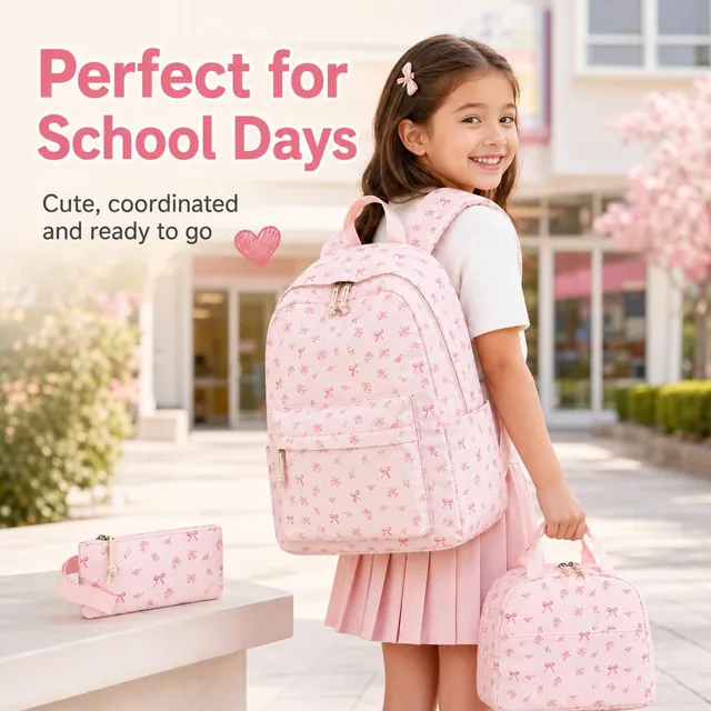 Pink bow school backpack set — product view 7