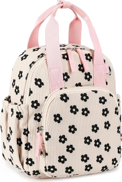 Black floral toddler backpack — selected front view