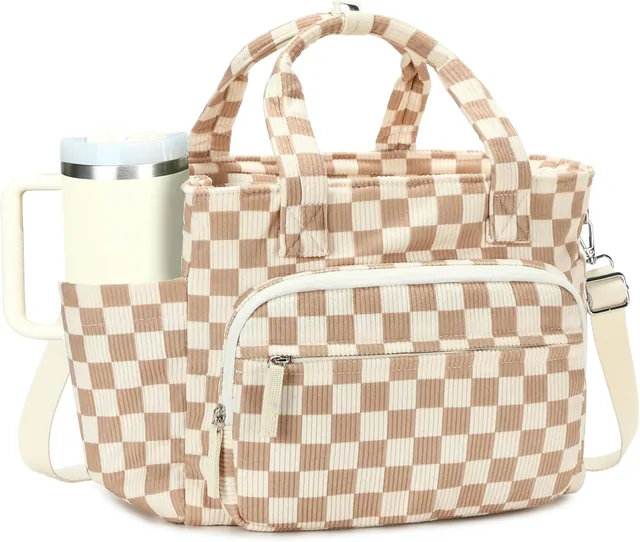 Checkered lunch tote with cup holder — selected front view