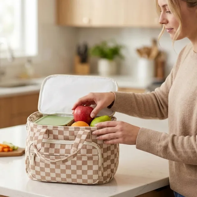 Checkered lunch tote with cup holder — product view 8